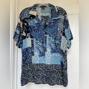 Fun, blue patchwork and beaded button-down blouse, by Elementz size large